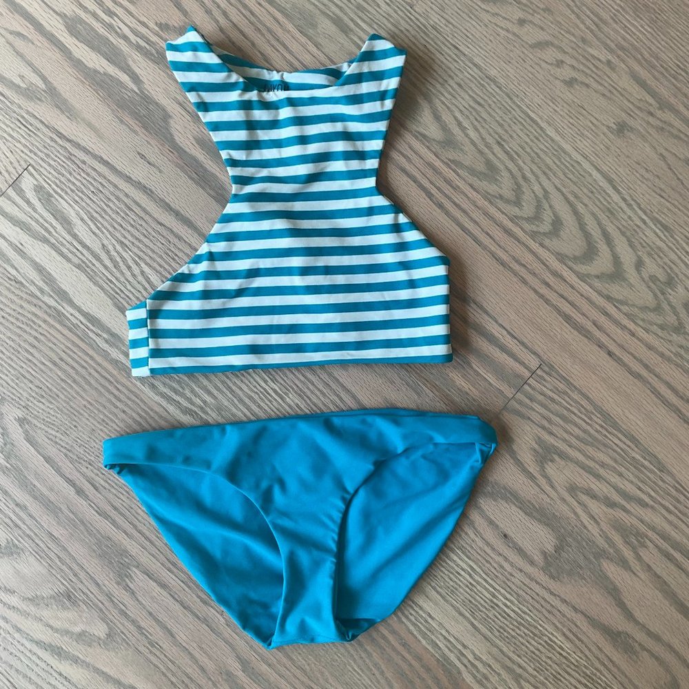 Mikoh stripe bikini top and solid bikini bottom